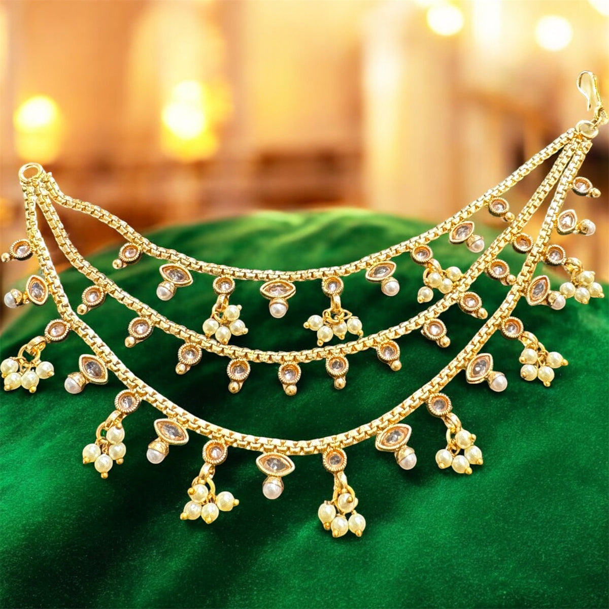 PA052 Bright Gold Three Line Sahara With Full Gold Polki stones