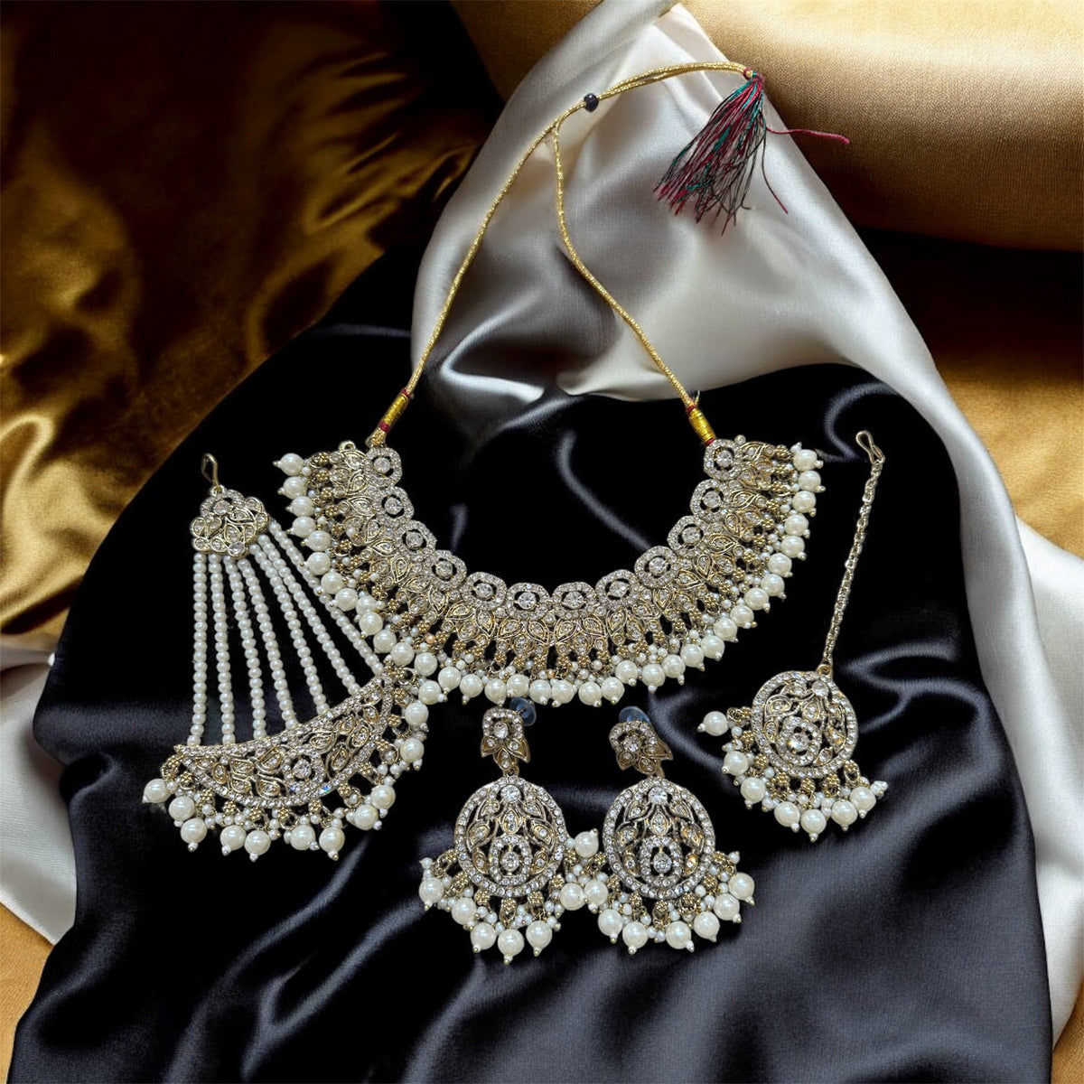 PA7803 Gold with white stones necklace set with earrings tikka and jhumar