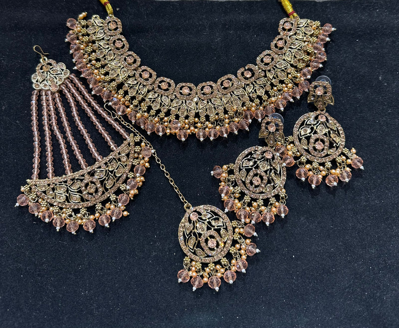 PA7802 peach with full gold necklace set comes with earrings tikka and jhumar