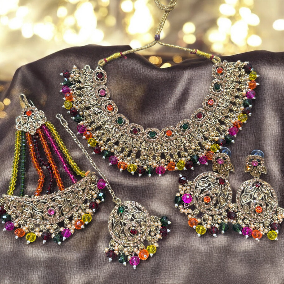 PA7803 multicolour necklace with earrings tikka and jhumar