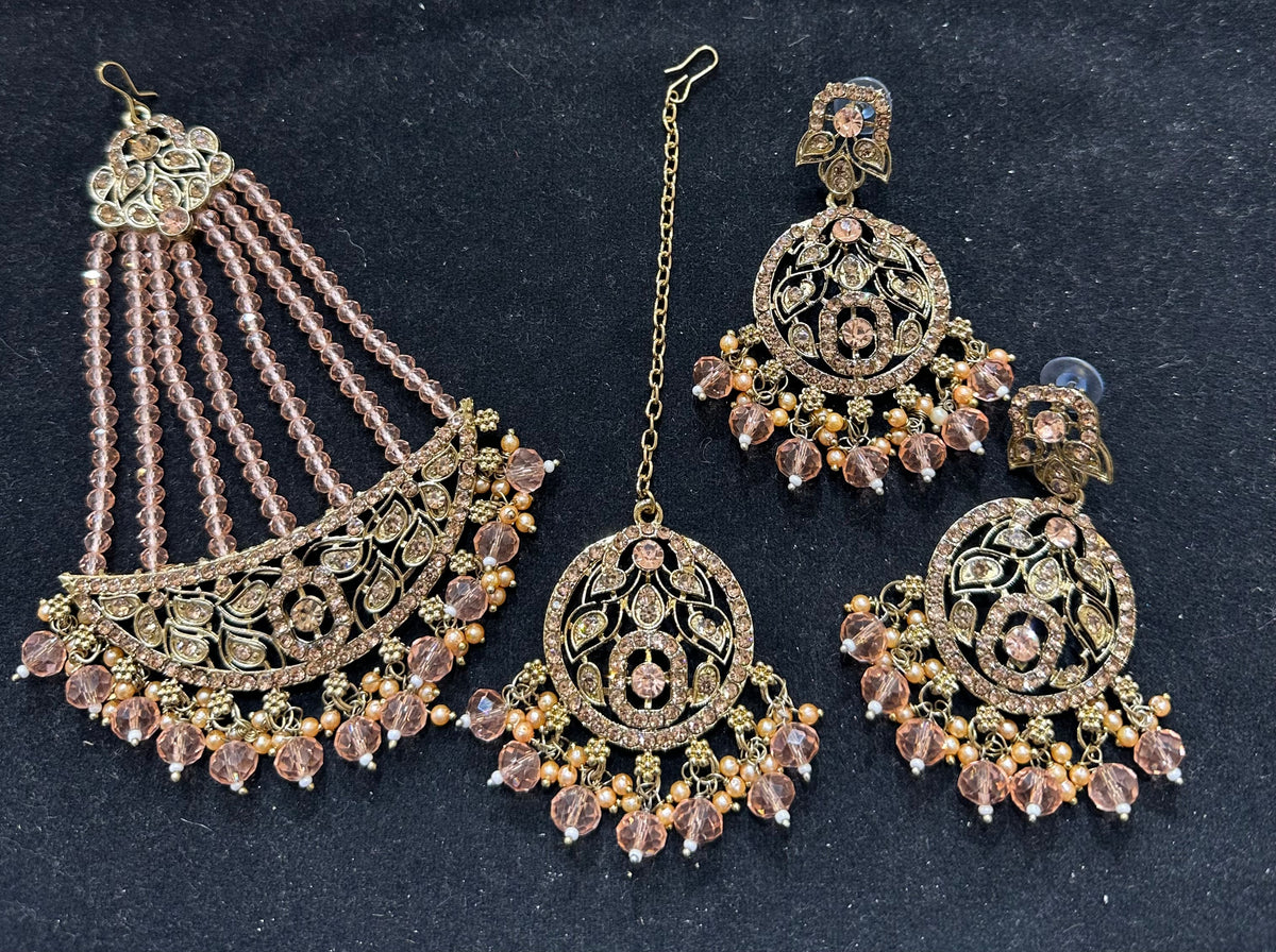 PA7802 peach with full gold necklace set comes with earrings tikka and jhumar