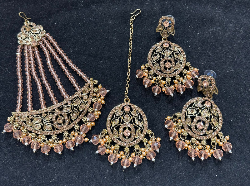 PA7802 peach with full gold necklace set comes with earrings tikka and jhumar