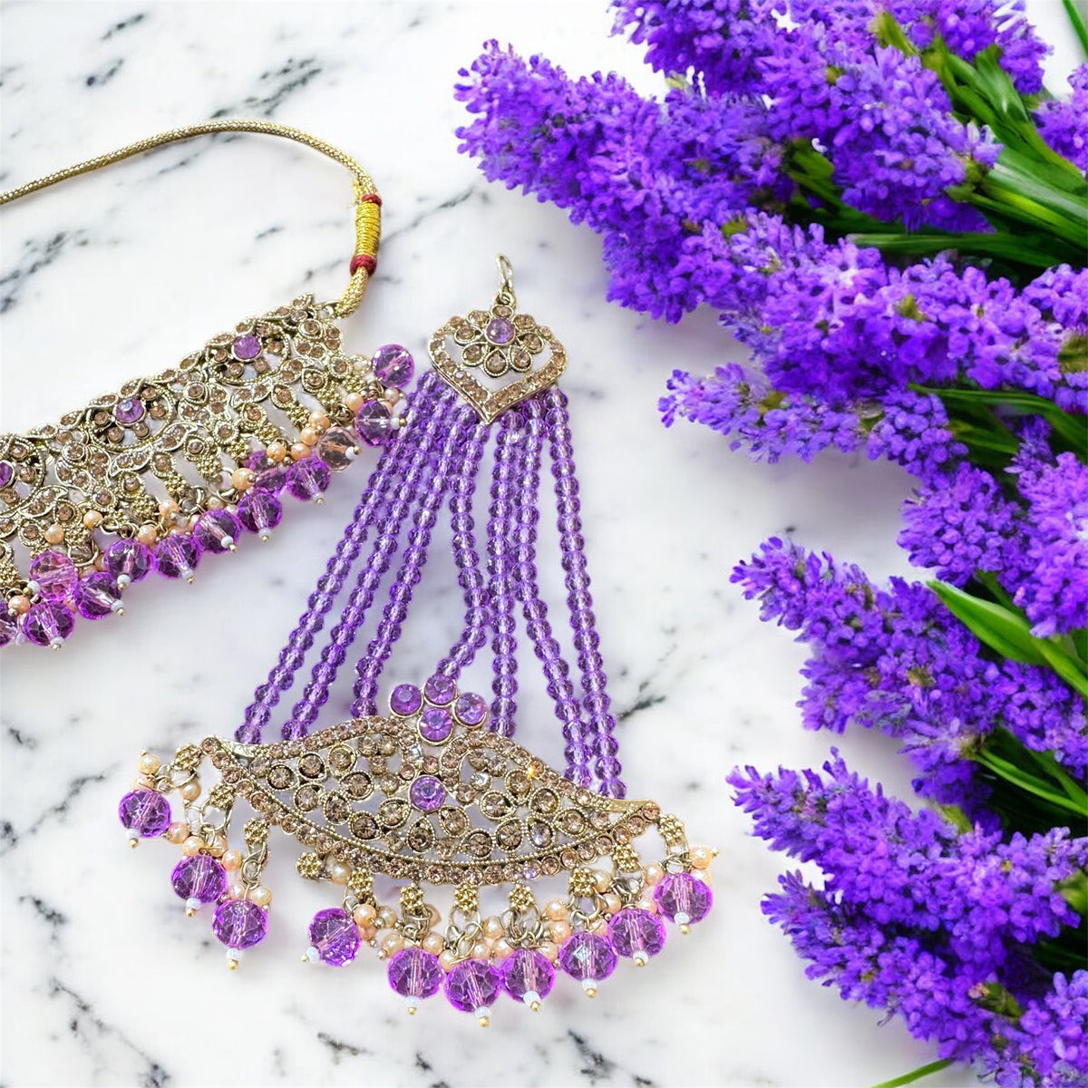 PA7802 Lilac with full gold colour choker with earrings tikka and jhumar