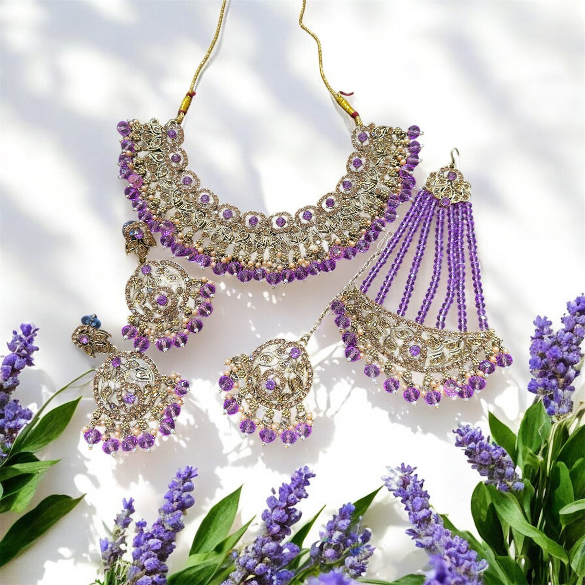 PA7803 Lilac with gold colour necklace set with earrings tikka and jhumar