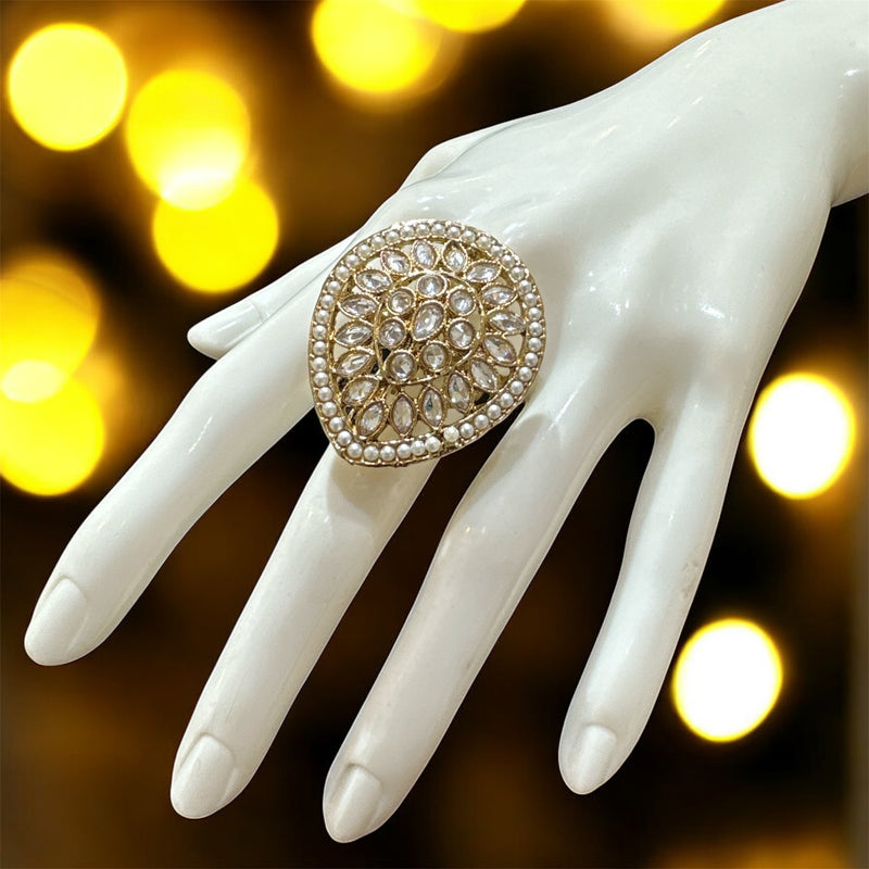 PA714 Gold With White Polki Stones Ring