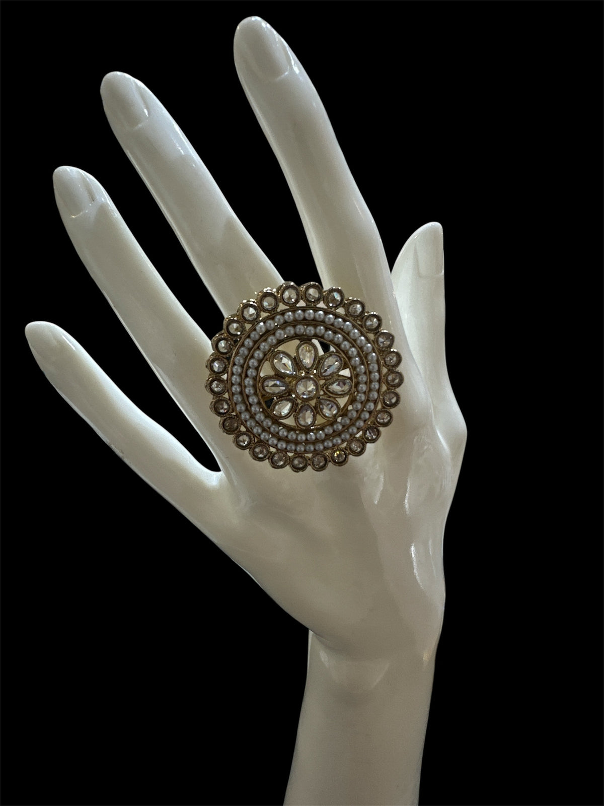 PA712 Gold With White Polki Stones Ring