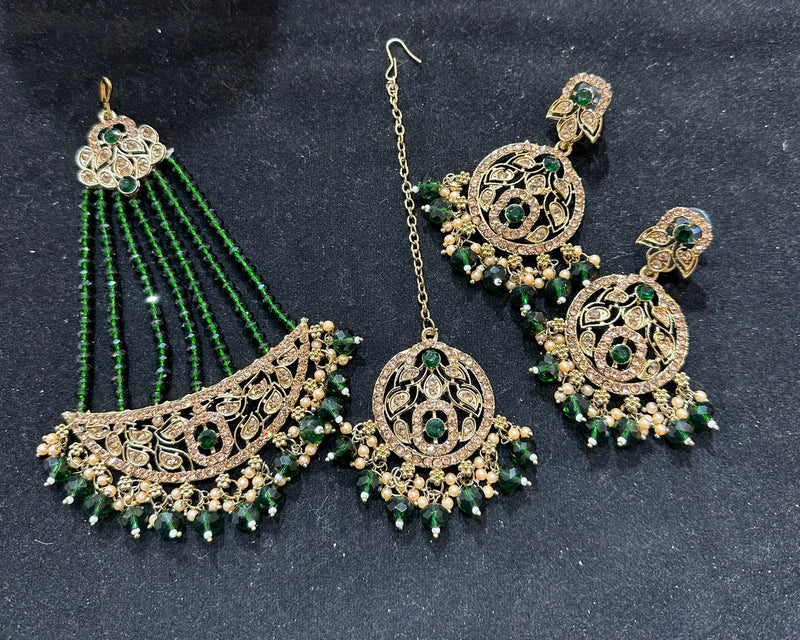 PA7802 Green with full gold necklace set comes with earrings tikka and jhumar