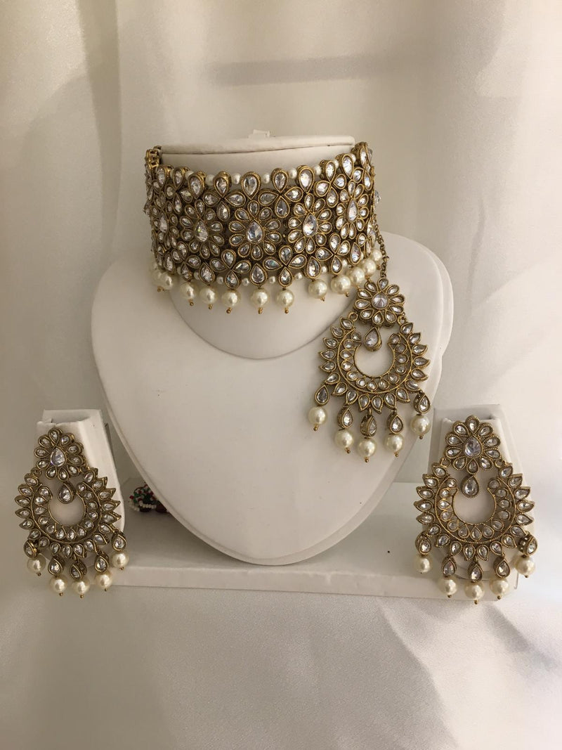 P10 Gold and white polki choker set image 2