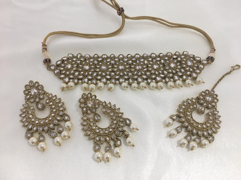 P10 Gold and white polki choker set image 0