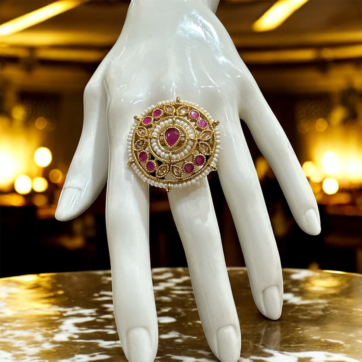 PA717 Light Gold Polki Stones Ring with Pink