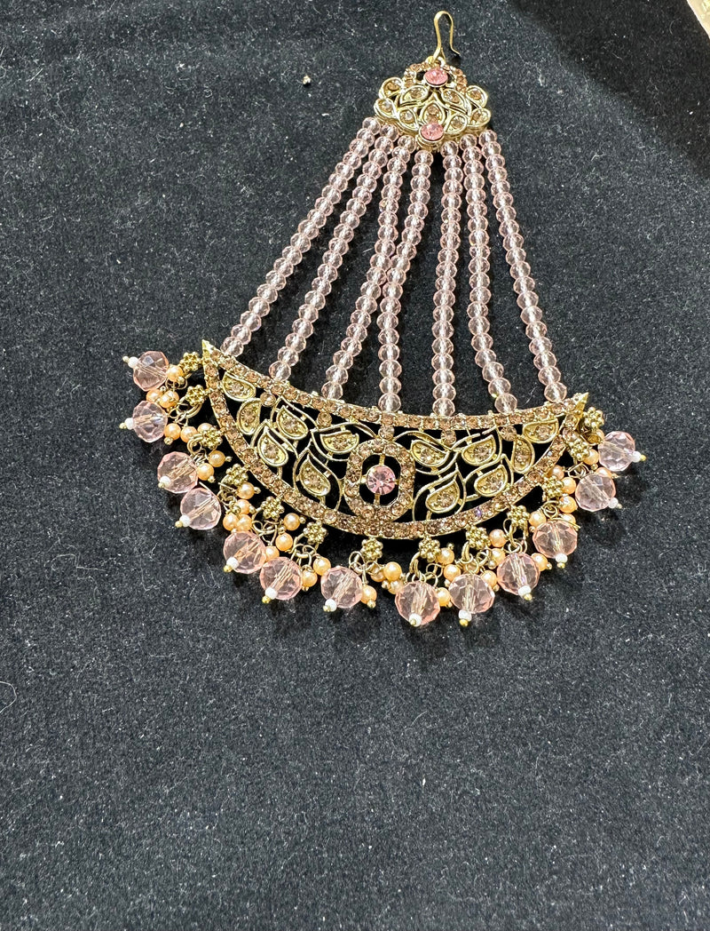 PA7803 Pink with full gold colour necklace set comes with earrings tikka and jhumar