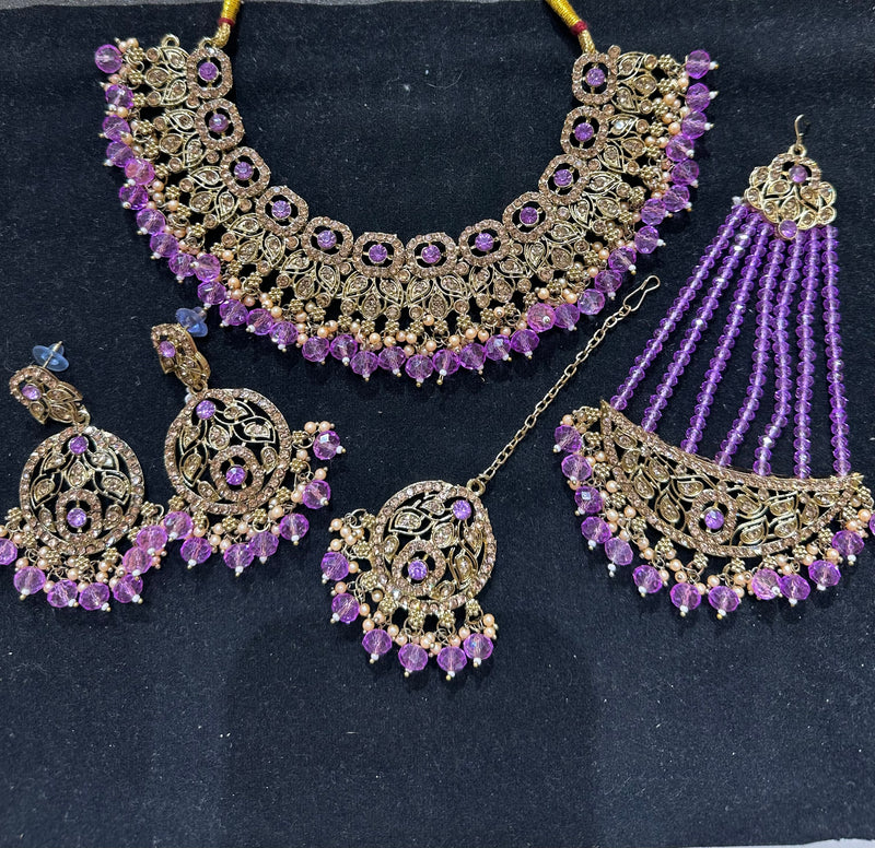 PA7803 Lilac with gold colour necklace set with earrings tikka and jhumar