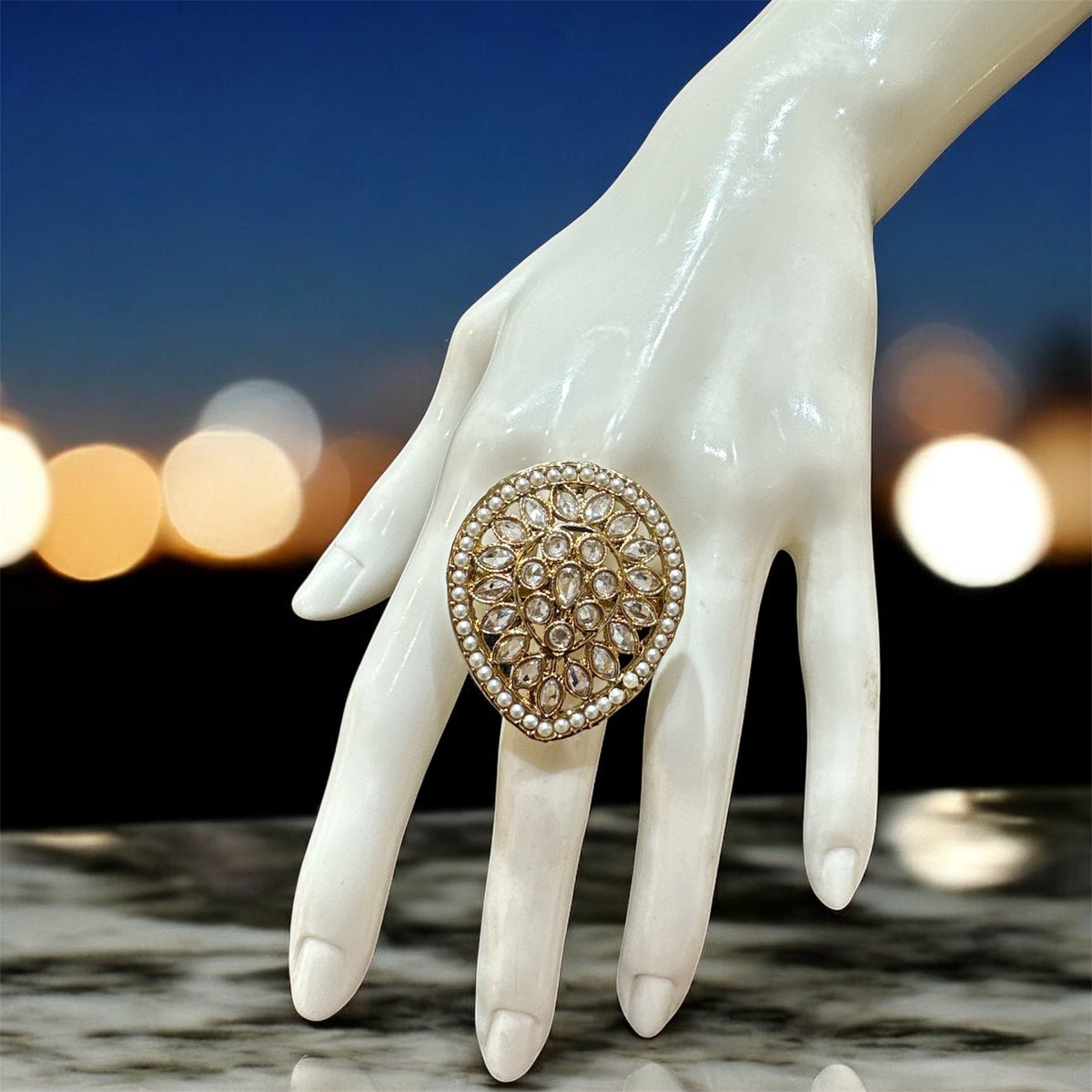 PA714 Gold With White Polki Stones Ring
