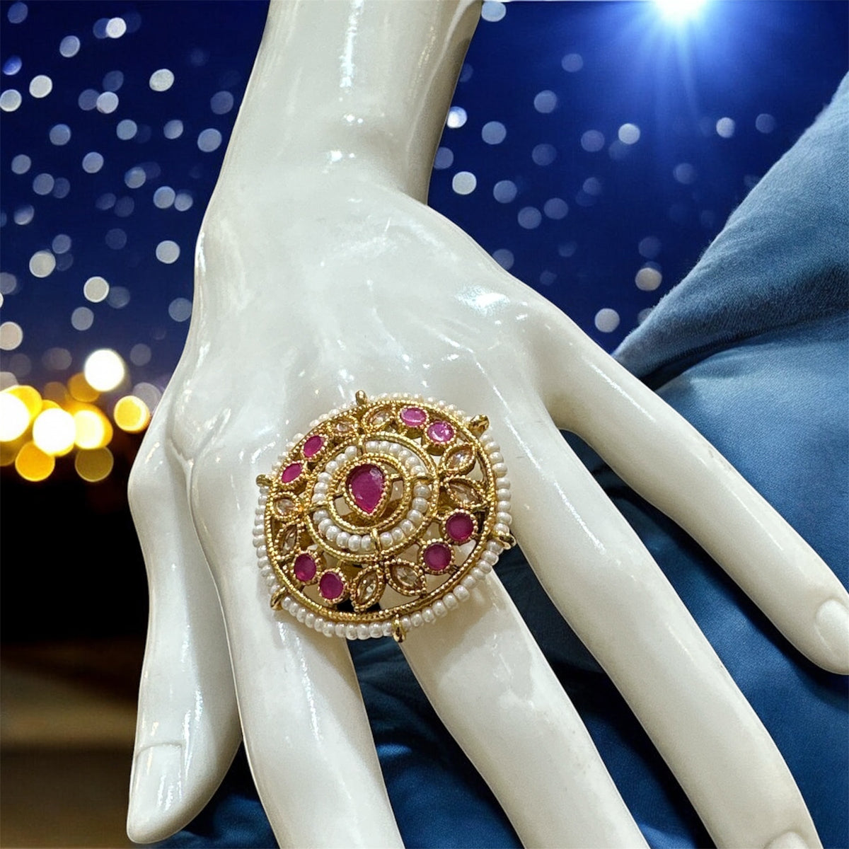 PA717 Light Gold Polki Stones Ring with Pink