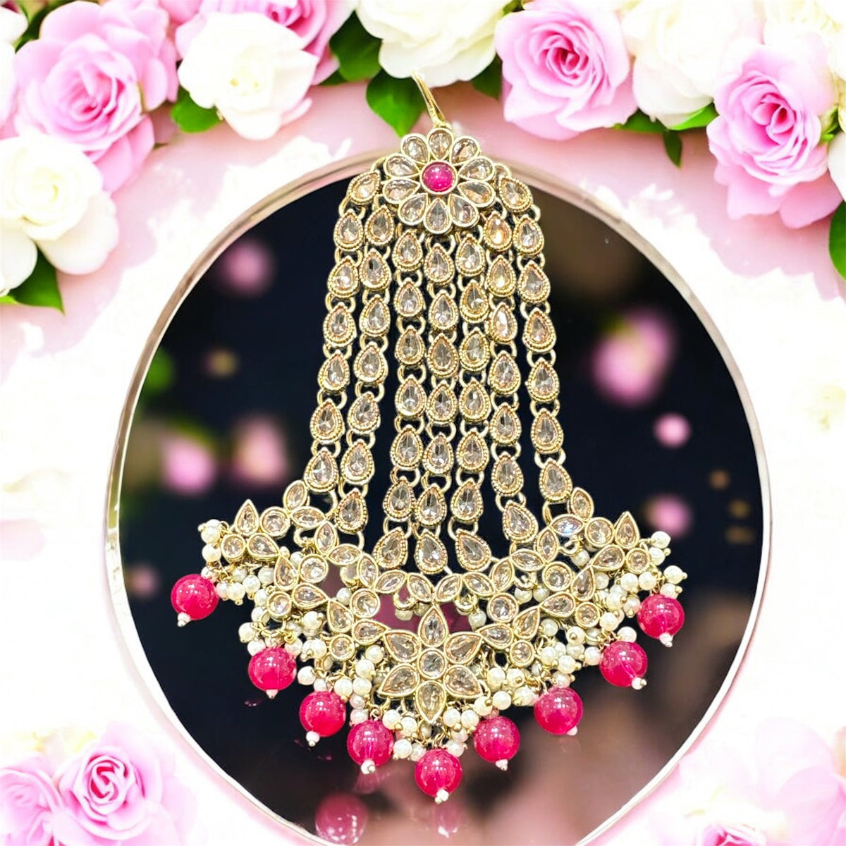 AA46 full gold colour jhumar with hot pink beads
