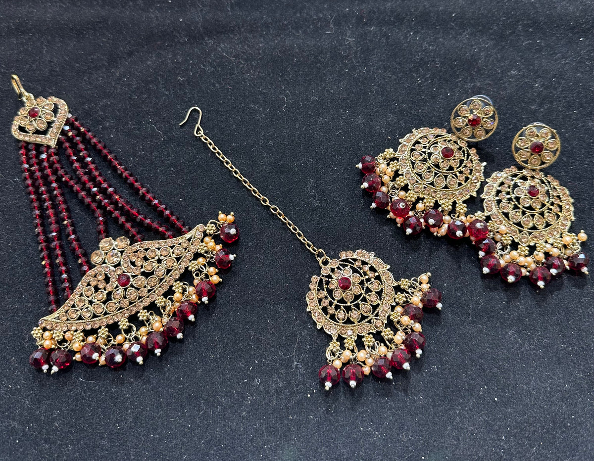 PA7803 Maroon with full gold colour choker comes with earrings tikka and jhumar