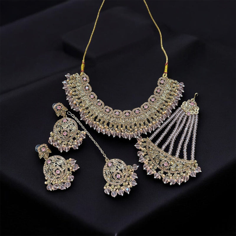 PA7803 Pink with full gold colour necklace set comes with earrings tikka and jhumar
