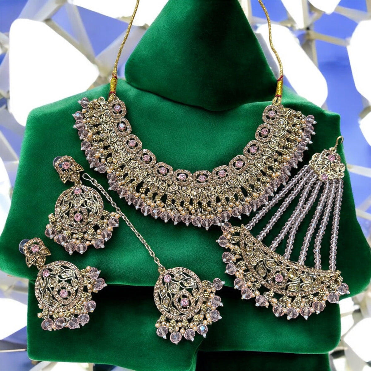 PA7803 Pink with full gold colour necklace set comes with earrings tikka and jhumar