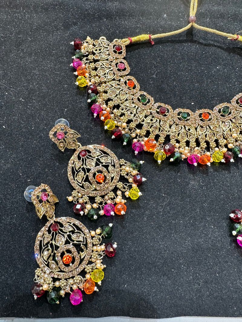 PA7803 multicolour necklace with earrings tikka and jhumar
