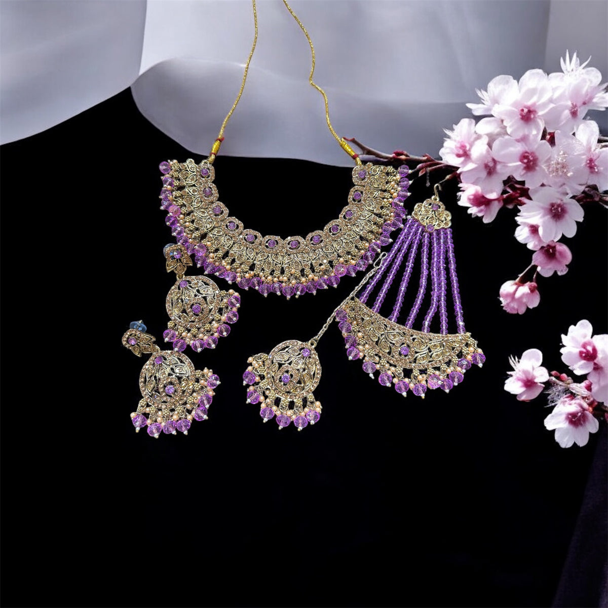 PA7803 Lilac with gold colour necklace set with earrings tikka and jhumar