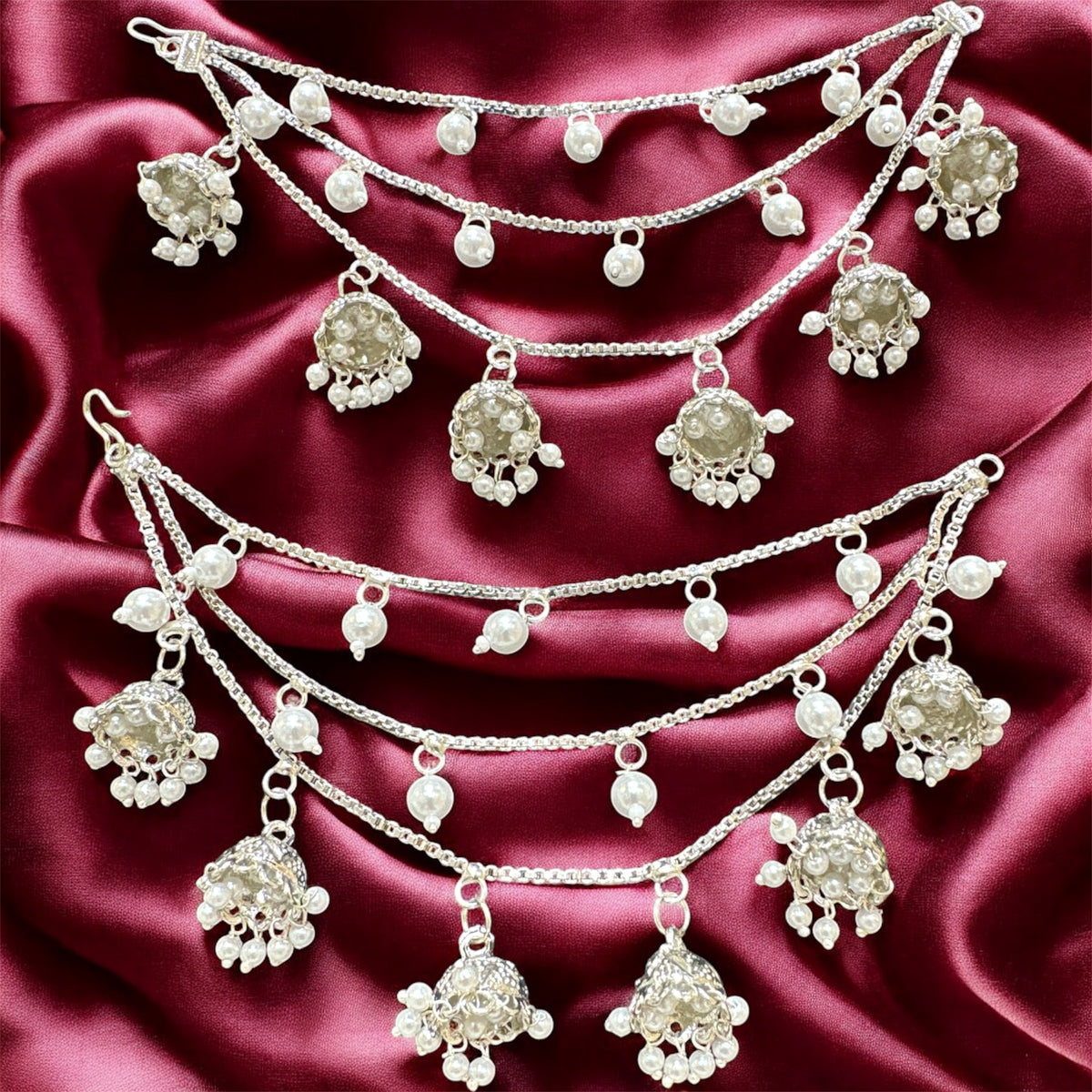 PA056 Three Line Chain Silver Sahara with Pearls