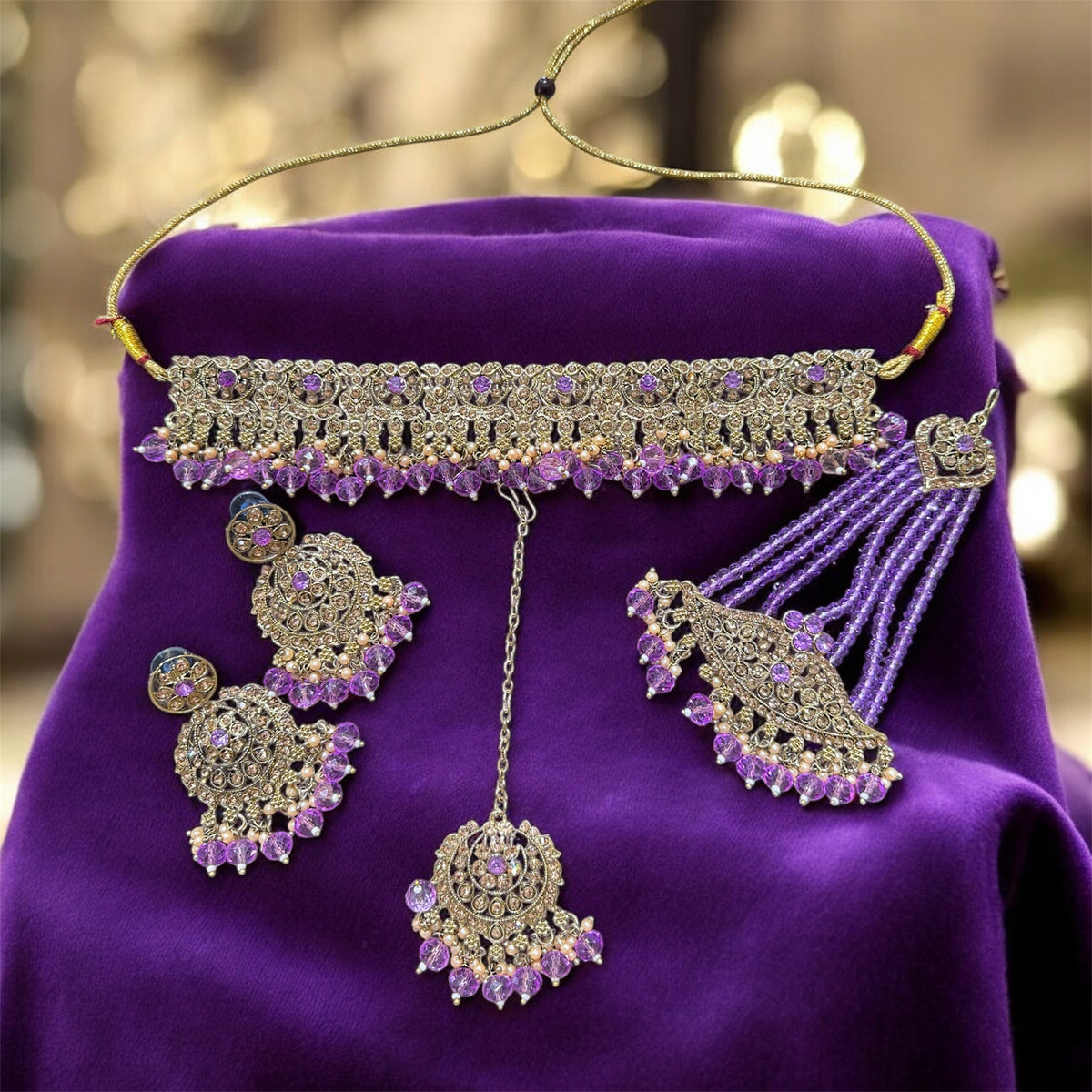 PA7802 Lilac with full gold colour choker with earrings tikka and jhumar