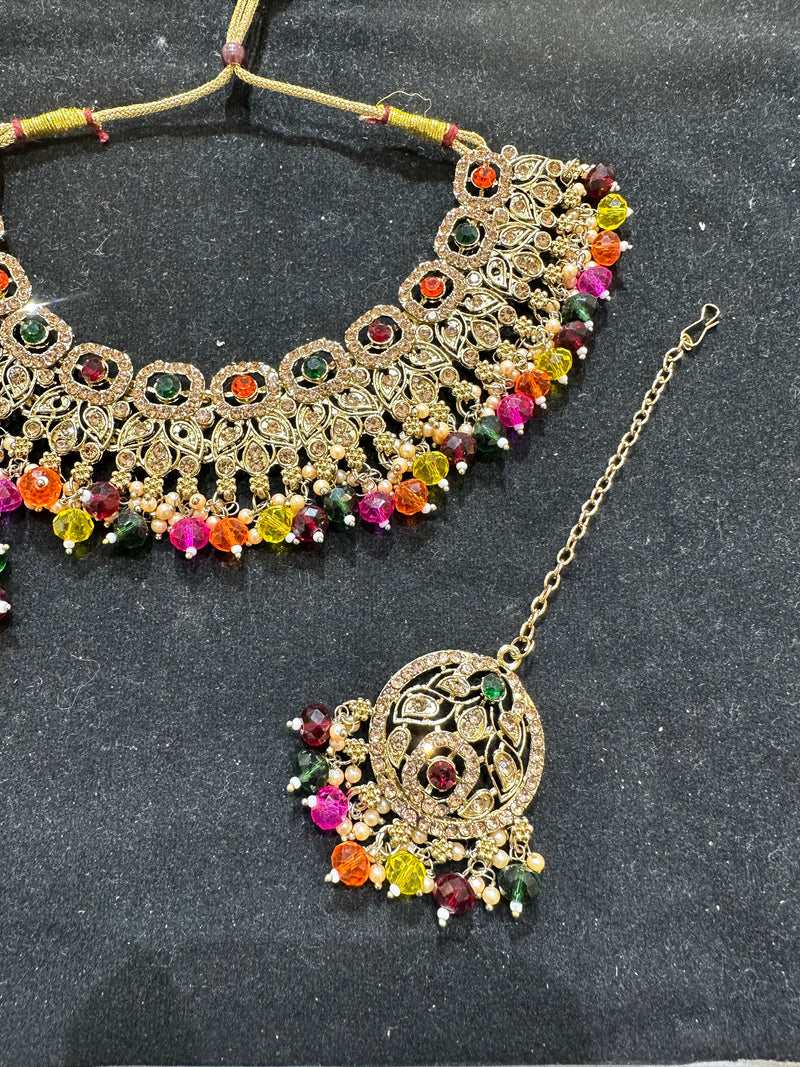 PA7803 multicolour necklace with earrings tikka and jhumar