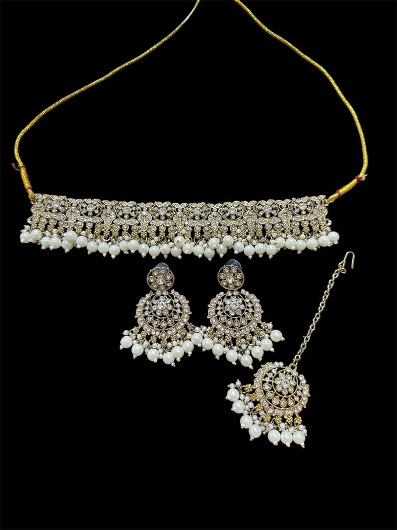 PA7802 Gold with white stones choker set comes with earrings tikka and jhumar