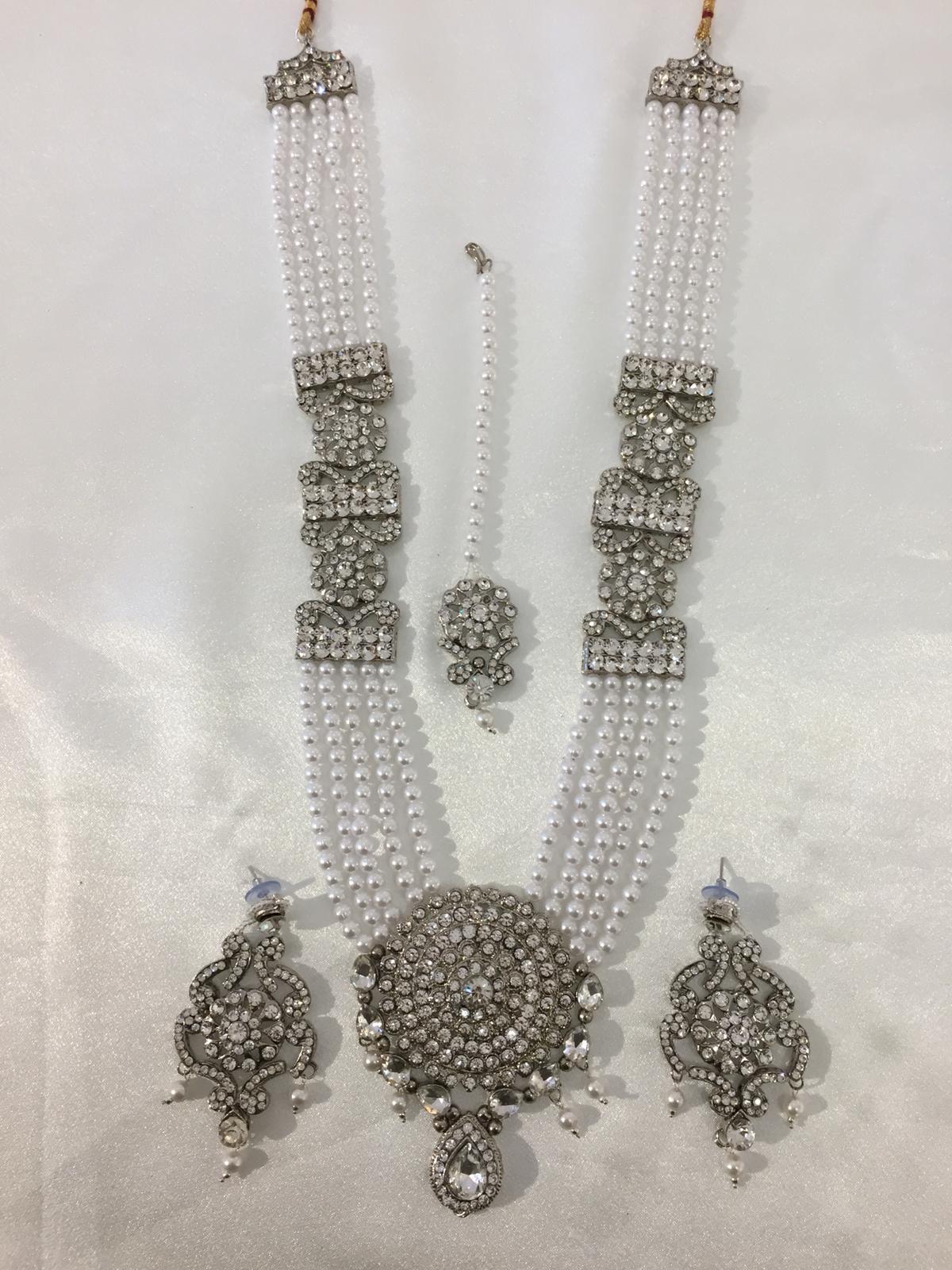 A10 Silver pearl long necklace set image 1
