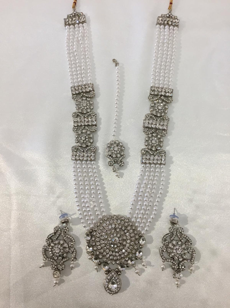A10 Silver pearl long necklace set image 1