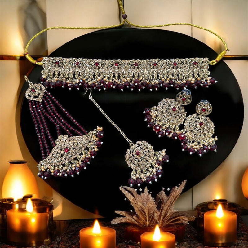 PA7803 Maroon with full gold colour choker comes with earrings tikka and jhumar