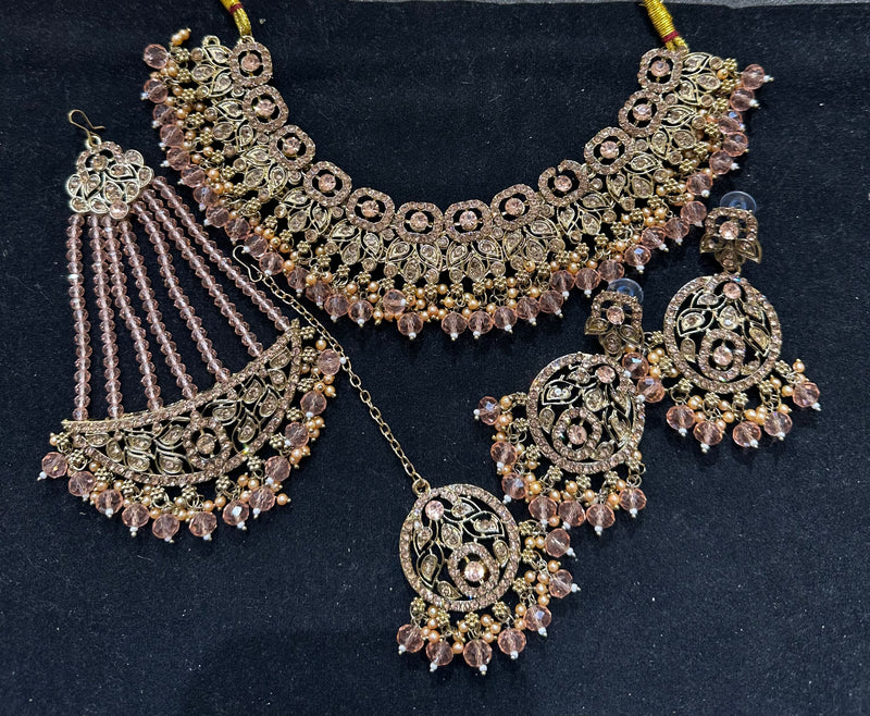 PA7802 peach with full gold necklace set comes with earrings tikka and jhumar
