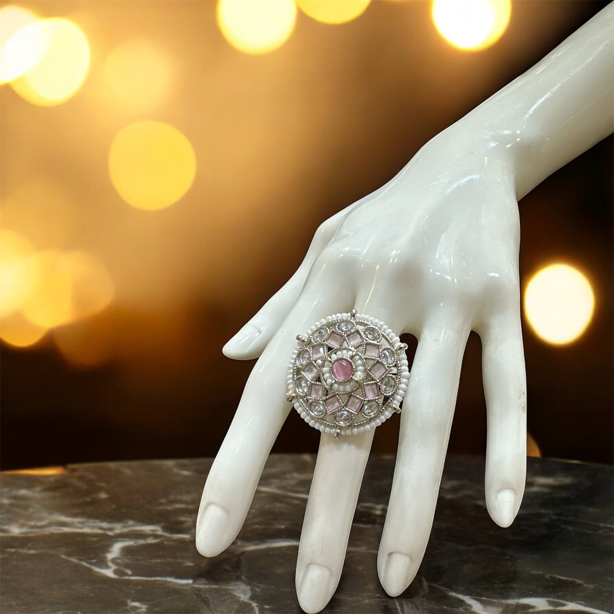PA720 Silver with Pink Polki Stones Ring