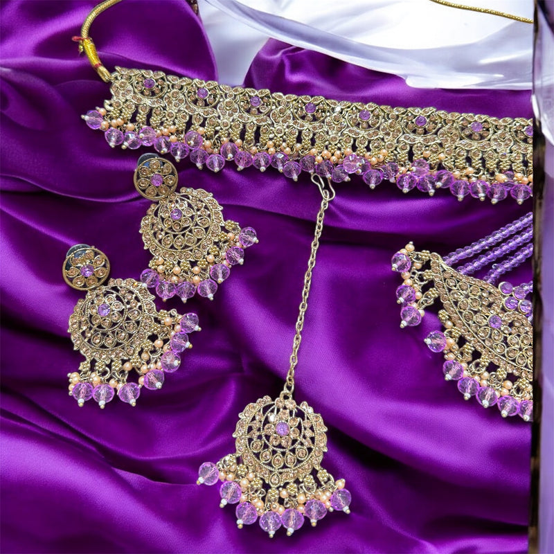 PA7802 Lilac with full gold colour choker with earrings tikka and jhumar