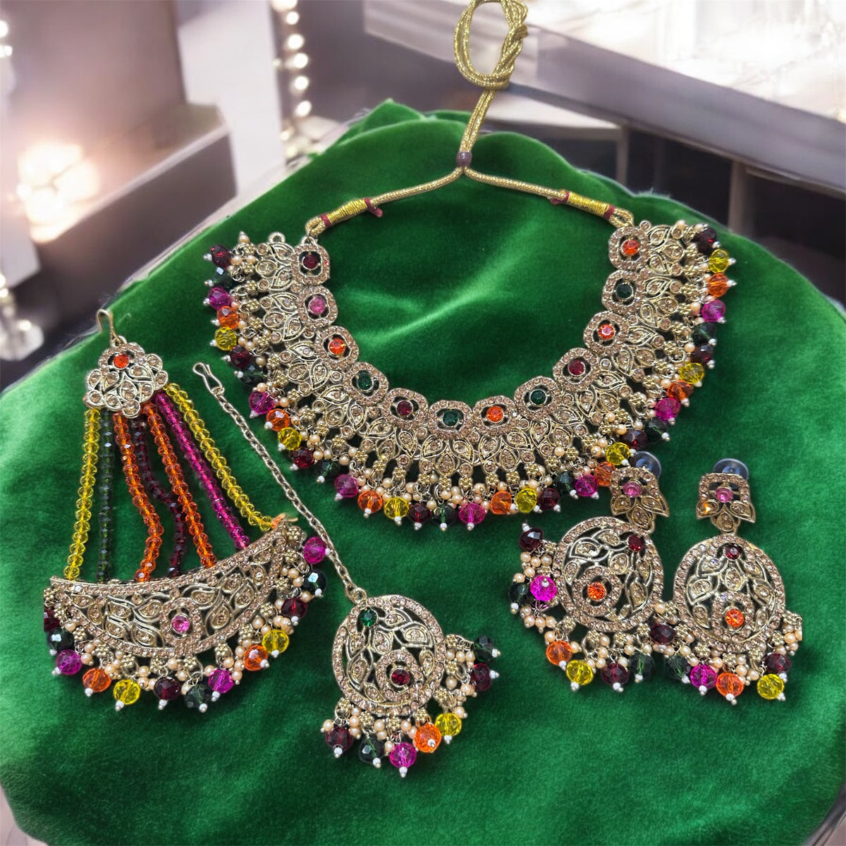 PA7803 multicolour necklace with earrings tikka and jhumar