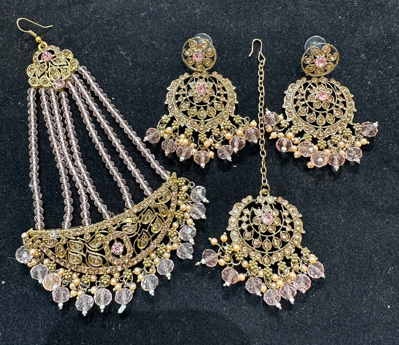 PA7802 Pink with gold choker set comes with earrings tikka and jhumar