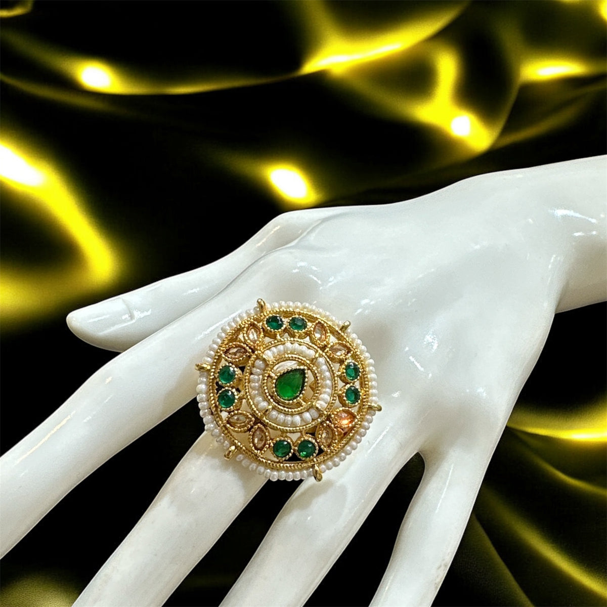 PA717 Light Gold Polki Stones Ring with Green