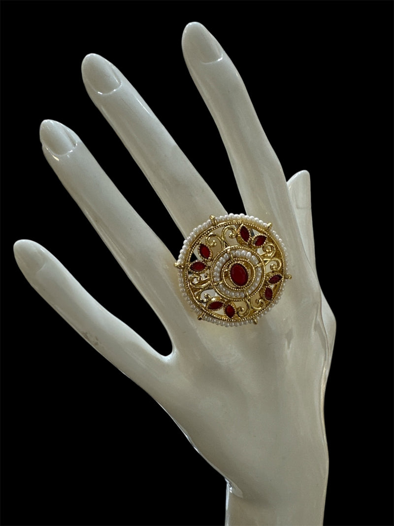 PA719 Light Gold Polki stones ring with Maroon