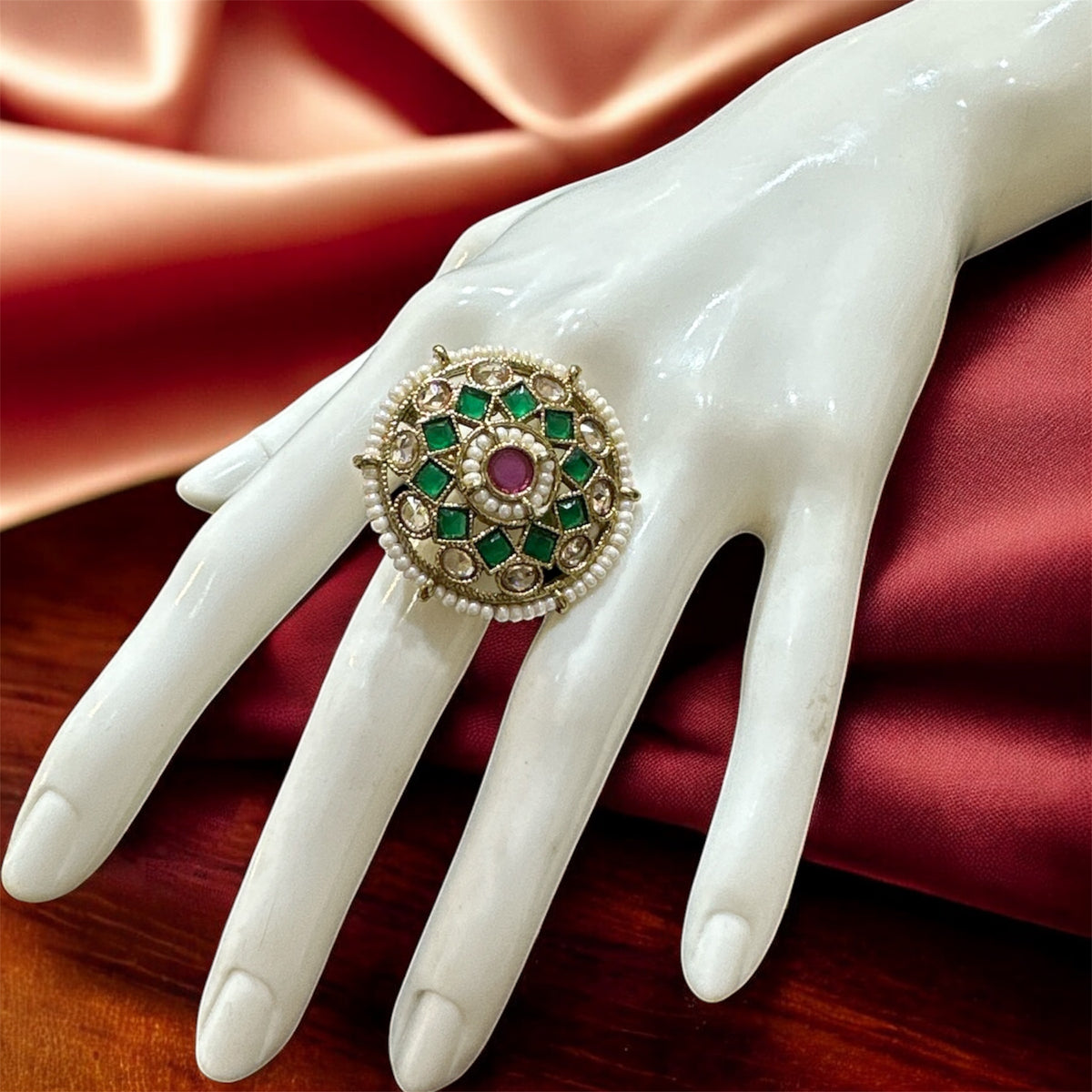 PA720 Gold Polki Stones Ring With Green and Maroon