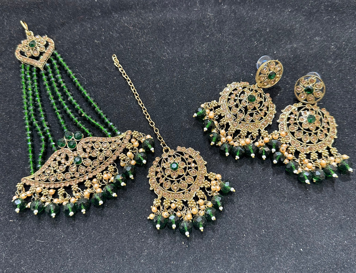 PA7803 Green with full gold choker set comes with earrings tikka and jhumar