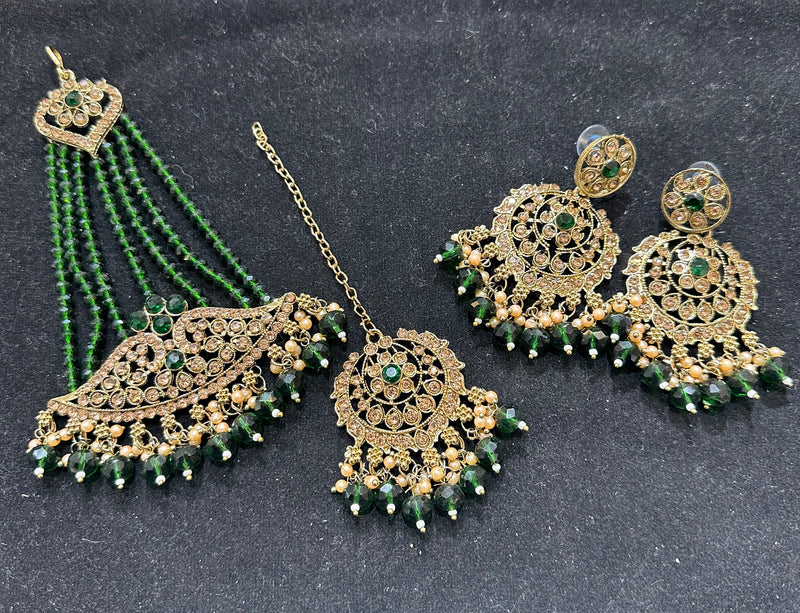 PA7803 Green with full gold choker set comes with earrings tikka and jhumar