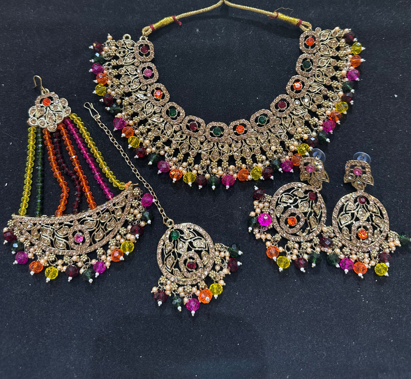 PA7803 multicolour necklace with earrings tikka and jhumar
