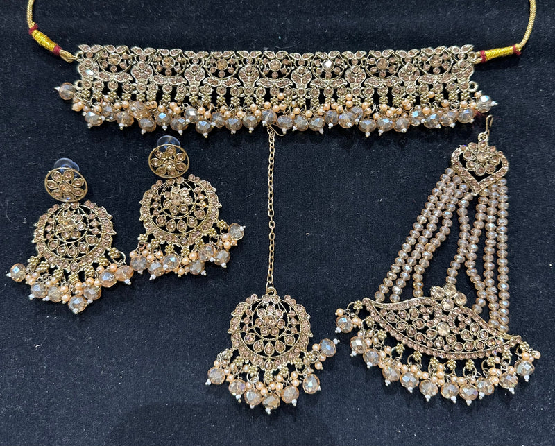 PA7802 Full gold colour choker set with earrings tikka and jhumar