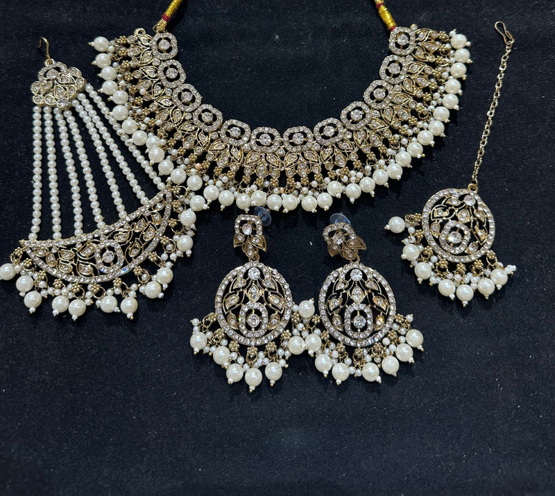 PA7803 Gold with white stones necklace set with earrings tikka and jhumar