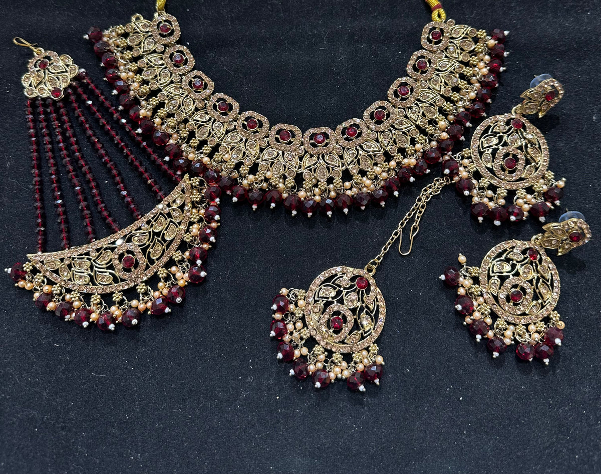 PA7802 Maroon with Full gold colour necklace set with earrings tikka and jhumar
