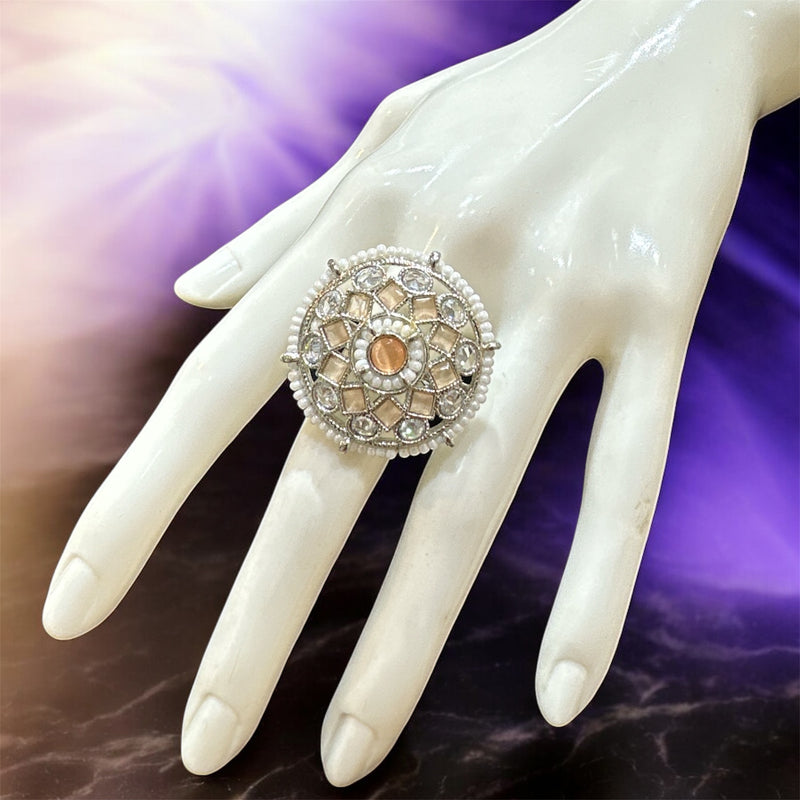 PA720 Silver with peach Polki stones ring