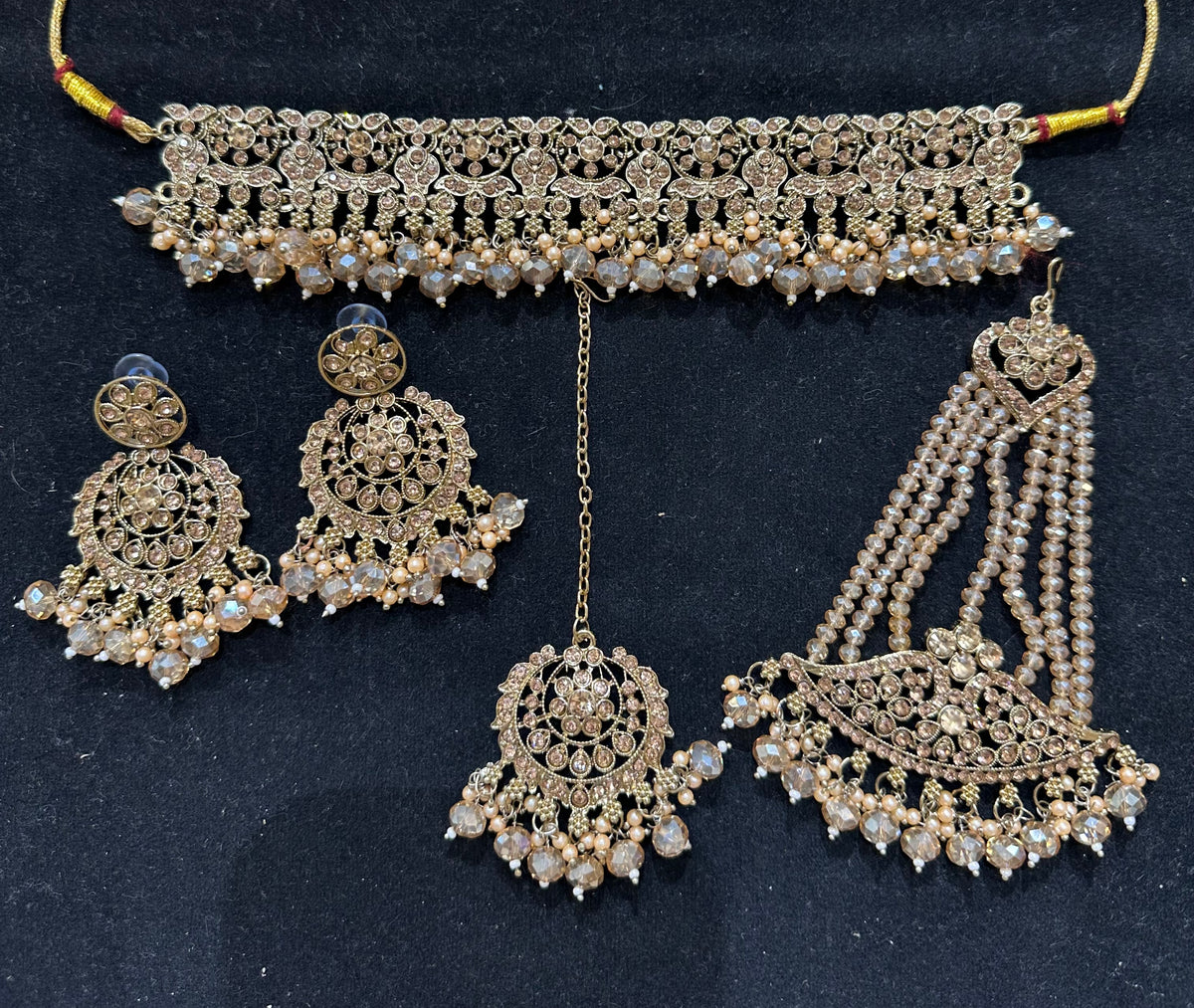 PA7802 Full gold colour choker set with earrings tikka and jhumar