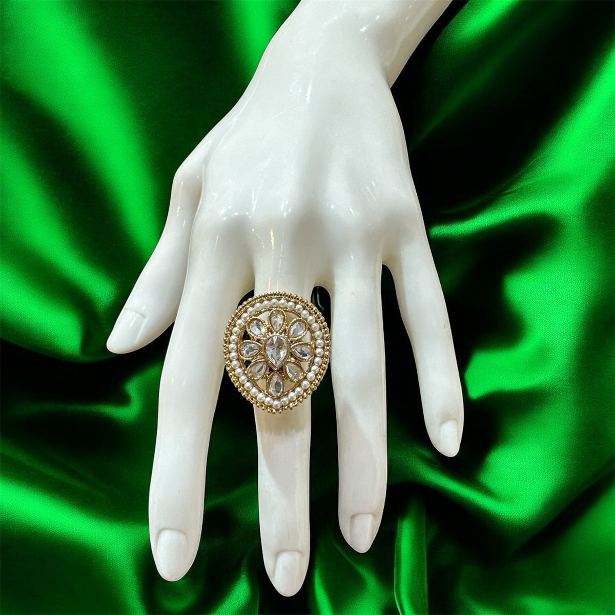 PA713 Gold with White Polki Stones Ring