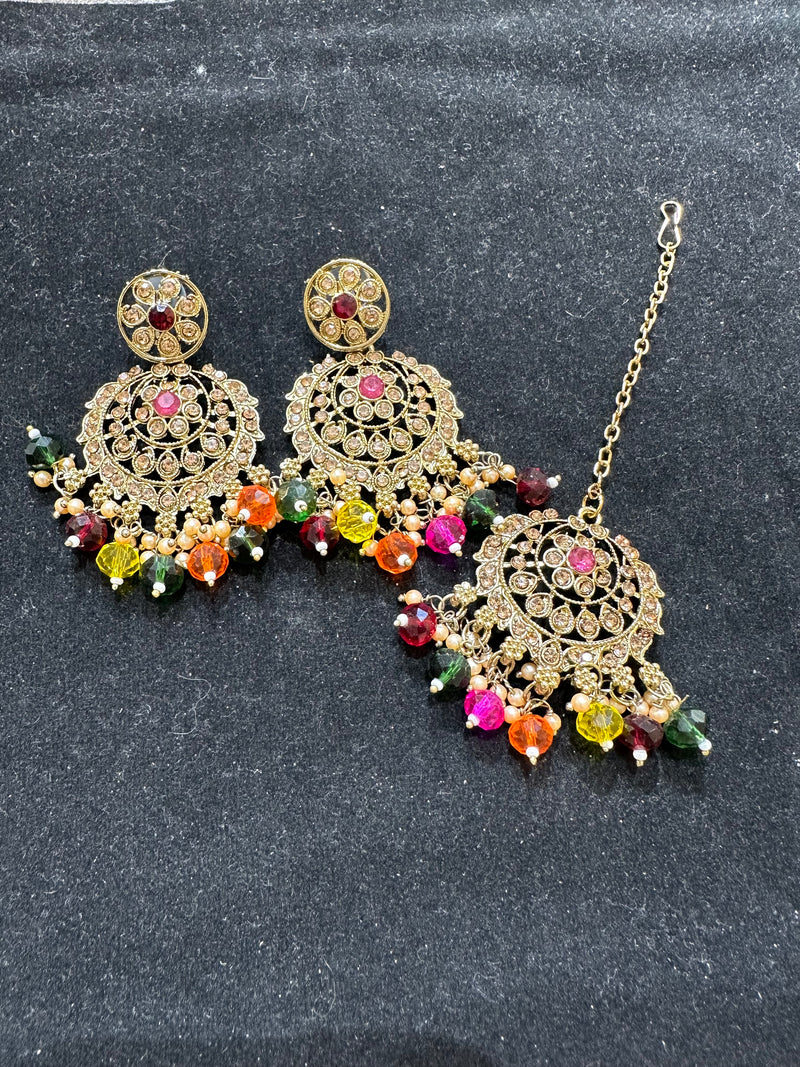 PA7802 Multicolour choker with earrings tikka and jhumar