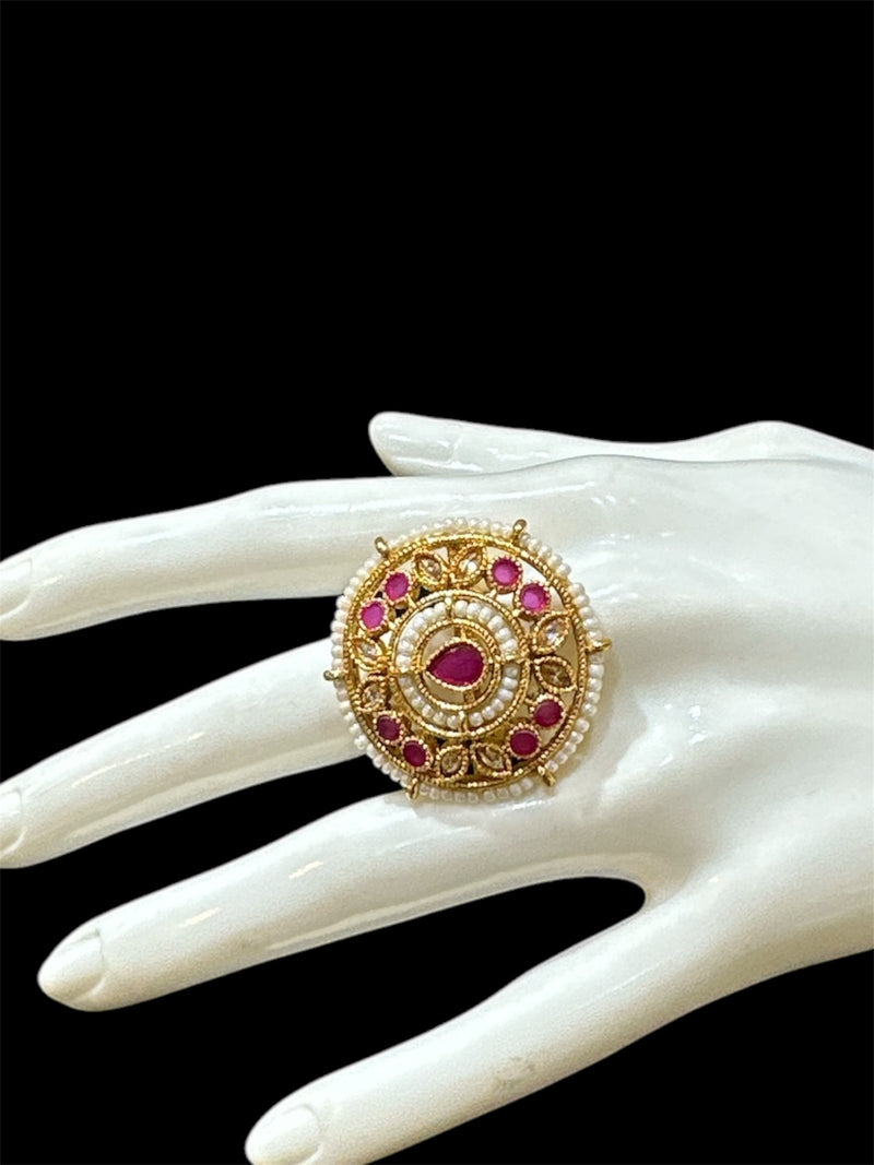 PA717 Light Gold Polki Stones Ring with Pink